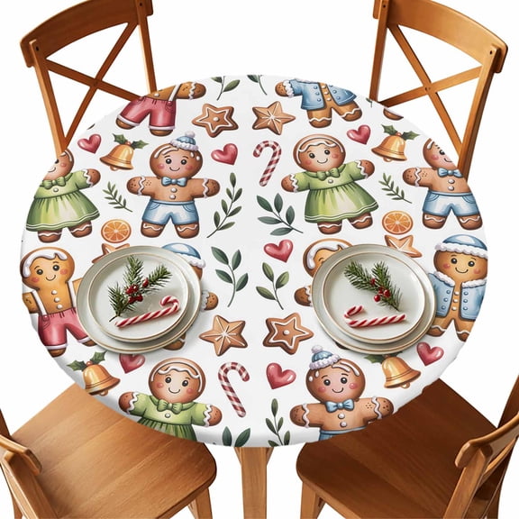 Ginger Bread Man Fitted Round Tablecloths Elastic Edged Table Covers 55"-60",Waterproof Table Cloth for Kitchen Holiday Party Tables Decor