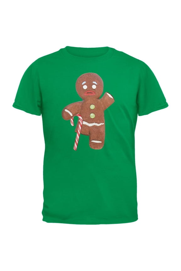 Ginger Bread Man With Candy Cane Crutch Green Adult T-Shirt - Small
