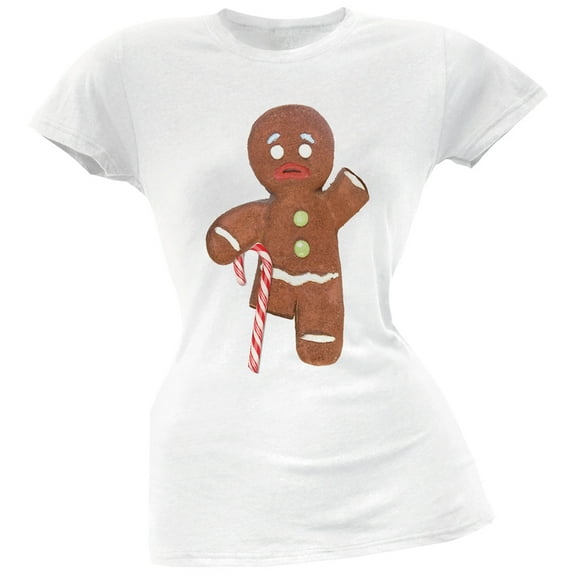 Ginger Bread Man With Candy Cane Crutch White Soft Juniors T-Shirt - Large