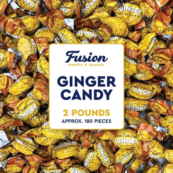 Ginger Hard Candy, Individually Wrapped, Bulk 2lb, Gluten-Free | Approx. 180 Pieces of Pure Ginger Candy for Nausea Relief, Heat-Sealed Bag for Easy Serving and Storage
