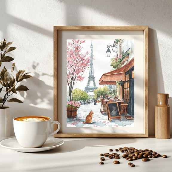 Ginger Cat At Paris Cafe Poster, French Cafe Print, Orange Cat Wall Art, Cat Lover Decor, Cat Mom ,, Unframed Canvas Size 8x12