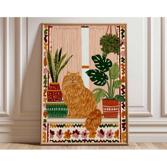 Ginger Cat Boho Botanical Houseplants Cozy Feline Colorful Wall Art Print, Unframed Paper Poster 8x10in