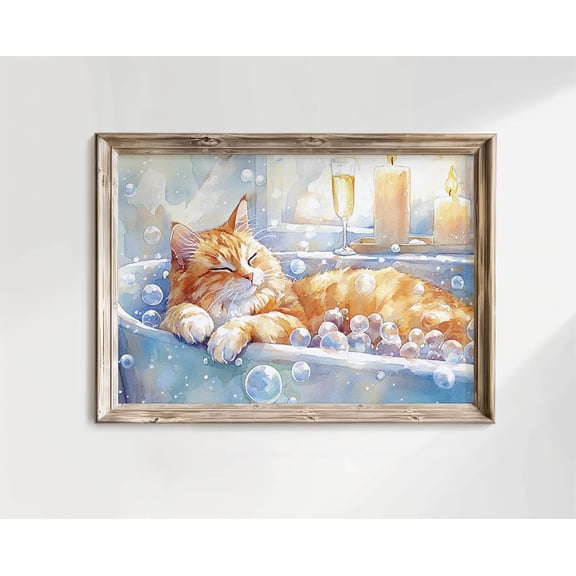 Ginger Cat Bubble Bath Poster, Cat Bathroom Decor, Bath Print, Book Lover Bath Art, Orange Cat Lover ,, Unframed Poster Size 8x12