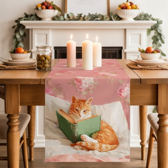 Ginger Cat Dining Table Runner, Boho Animals Rose Pink Flower Patterns Rustic Washable Table Runners Kitchen Coffee Table Center Decor for Home Party Holiday Wedding 18 x 72 Inches