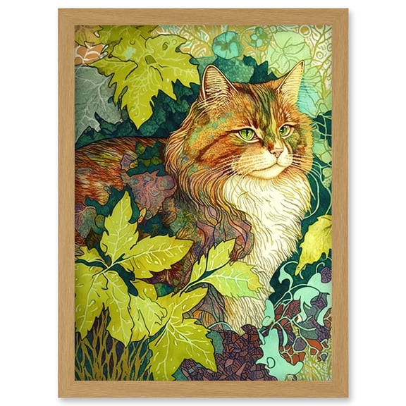 Ginger Cat Hiding in the Bush Tree Modern Colourful Illustration Artwork Framed Wall Art Print A4