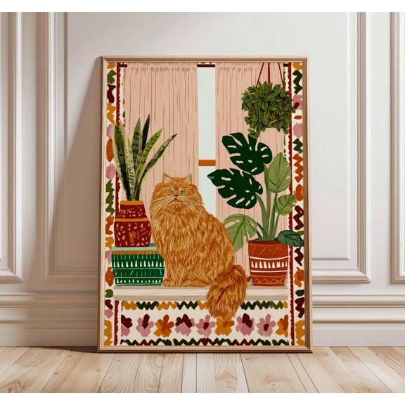 Ginger Cat Houseplants Poster, Unframed Paper Poster 8x10in