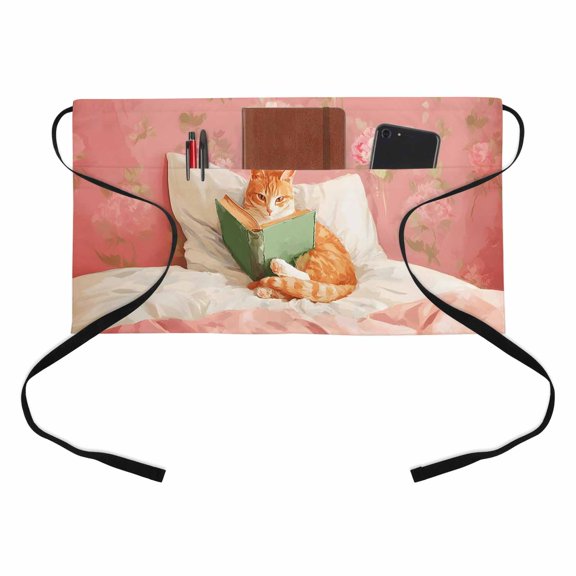 Ginger Cat Kitchen Restaurant Half Waist Apron, Boho Animals Rose Pink Flower Patterns Rustic Server Short Apron with 3 Pockets Waterproof Oil Waist Aprons for Women Waitress Waiter