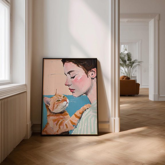 Ginger Cat Light Blue Pink Wall Decor Unframed Paper Print