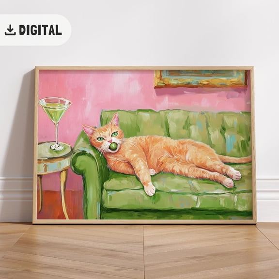 Ginger Cat With Martini Art Poster Quirky Whimsical Red Cat Cocktail Bar Cart Art Cute Orange Cat Wall Art Altered Trendy Home Decor, Unframed Poster Size 8x12