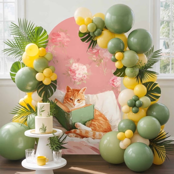 Ginger Cat Reading Book Arch Backdrop Cover Spandex Fitted Arch Cover 6.6FT,Arches Backdrop Stand Covers for Wedding Birthday Party Ceremony Banquet Decoration Funny Animal Pink Blossom Flower