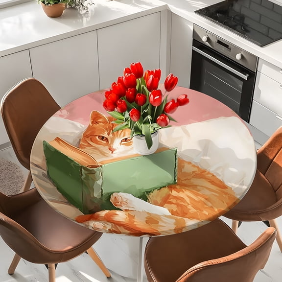 Ginger Cat Reading Book Round Fitted Tablecloth with Elastic Edge,Waterproof Table Cloth Fits 36"-44"Tables,Wipeable Table Cover for Indoor Outdoor Dinning Party,Funny Animal Pink Blossom Flower