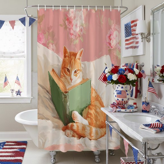 Ginger Cat Reading Book Shower Curtain for Bathroom, Funny Animal Pink Blossom Flower Waterproof Shower Curtains Washable Quick Dry with Hooks Bathtub Curtains 72x84IN