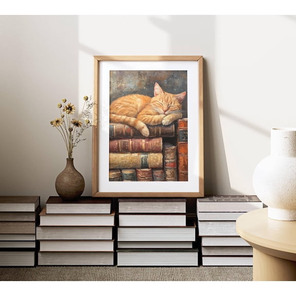 Ginger Cat Sleeping On Books Poster, Orange Cat Lover Art, Light Academia Home Decor, Bookworm Wall Art, Whimsical Cat Print,, Unframed Poster Size 24x36