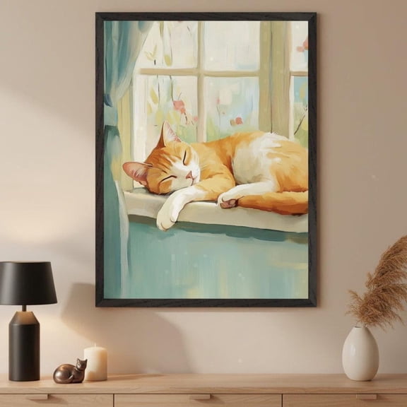 Ginger Cat Sleeping On Windowsill Wall Art Orange Tabby Decor Cottagecore Aesthetic Unframed Paper Print
