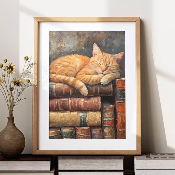 Ginger Cat Sleeping On Books Poster, Orange Cat Lover, Light Academia ...