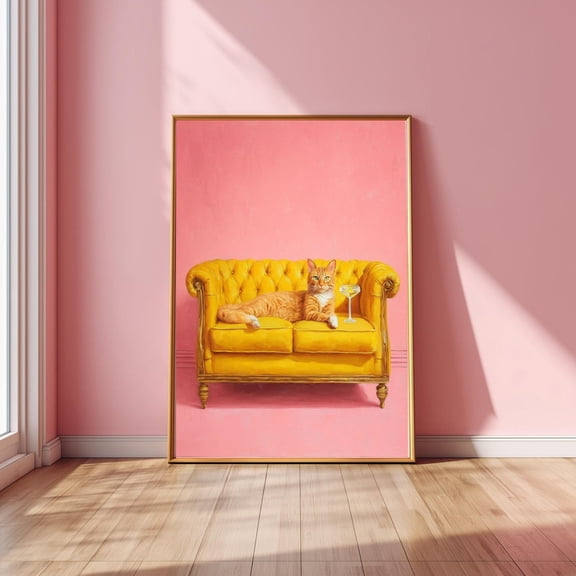 Ginger Cat Wall Art – Retro Pop Art Poster, Yellow Sofa Pink Background Home Decor, Stretched Canvas Size 16x24 F03.1.22l1188