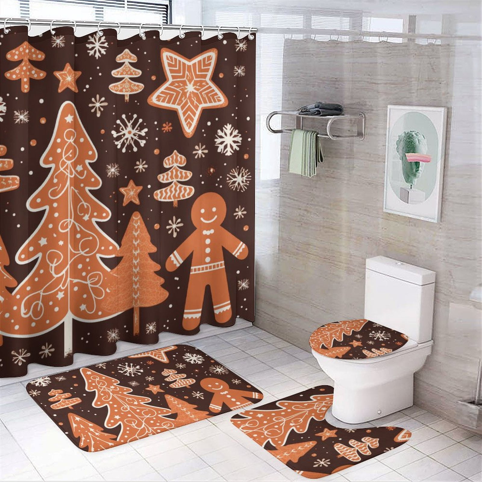 Ginger Christmas Tree 4 Pcs Bathroom Shower Curtain Set, Bathroom Sets with Rugs (Bath Mat, U Shape and Toilet Lid Cover Mat) and 12 Hooks,