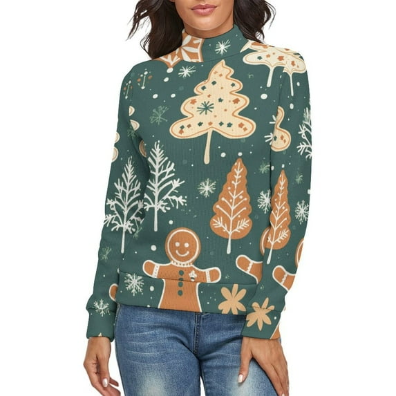Ginger Christmas Tree Women's Turtleneck Sweater Long Sleeve Ribbed Fitted Turtle Neck Casual Fall Winter Collection Top L