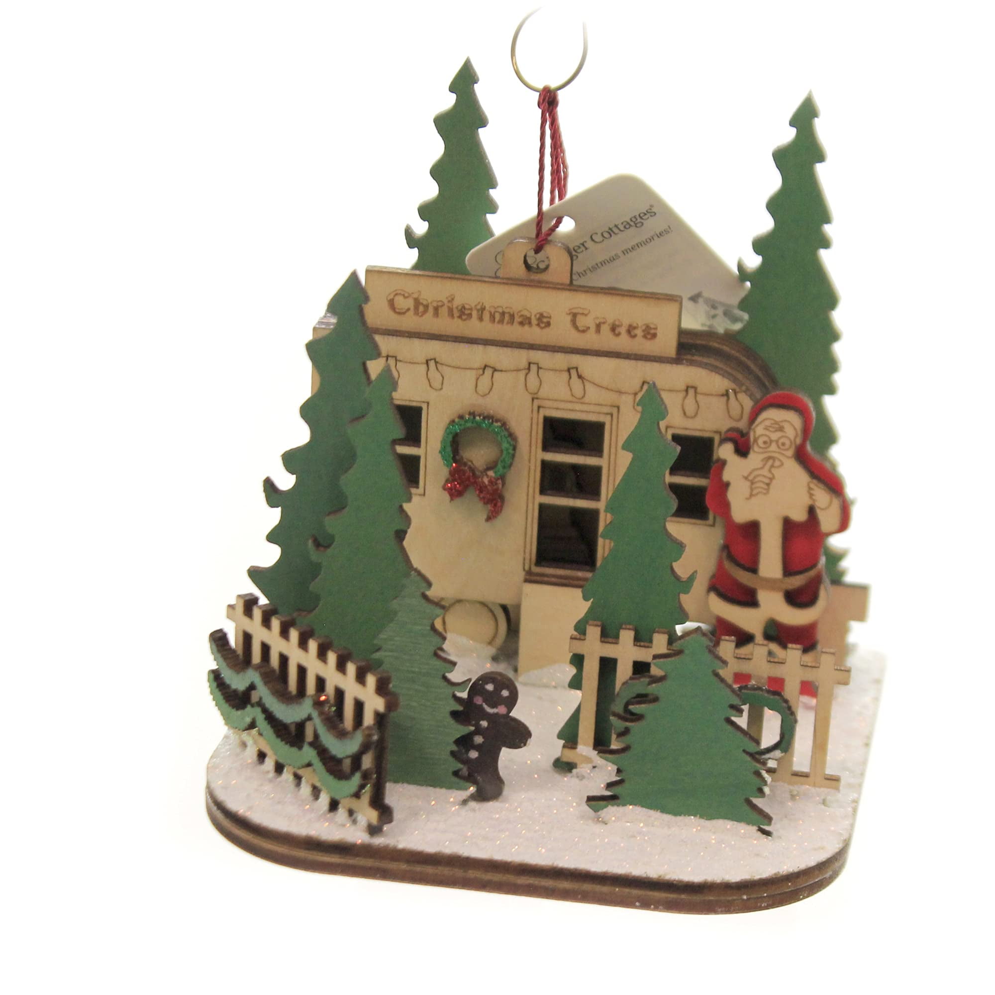 Beige and Green Wooden Christmas Tree Lot Ornament