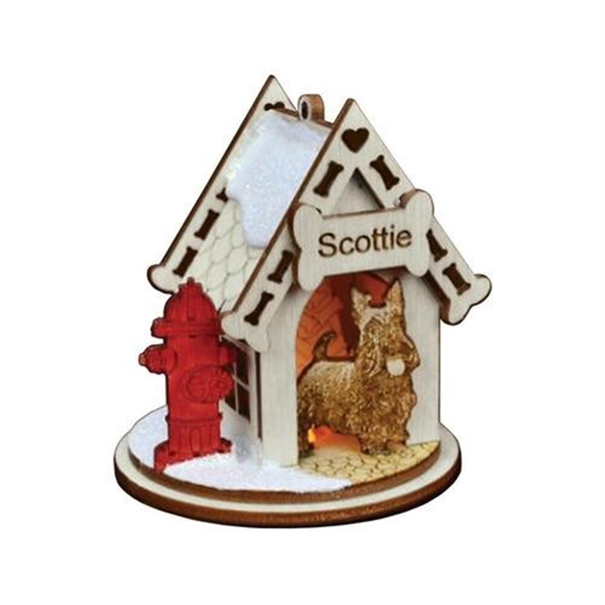 Scottish Terrier Doghouse Wooden Christmas Ornament with Fire Hydrant