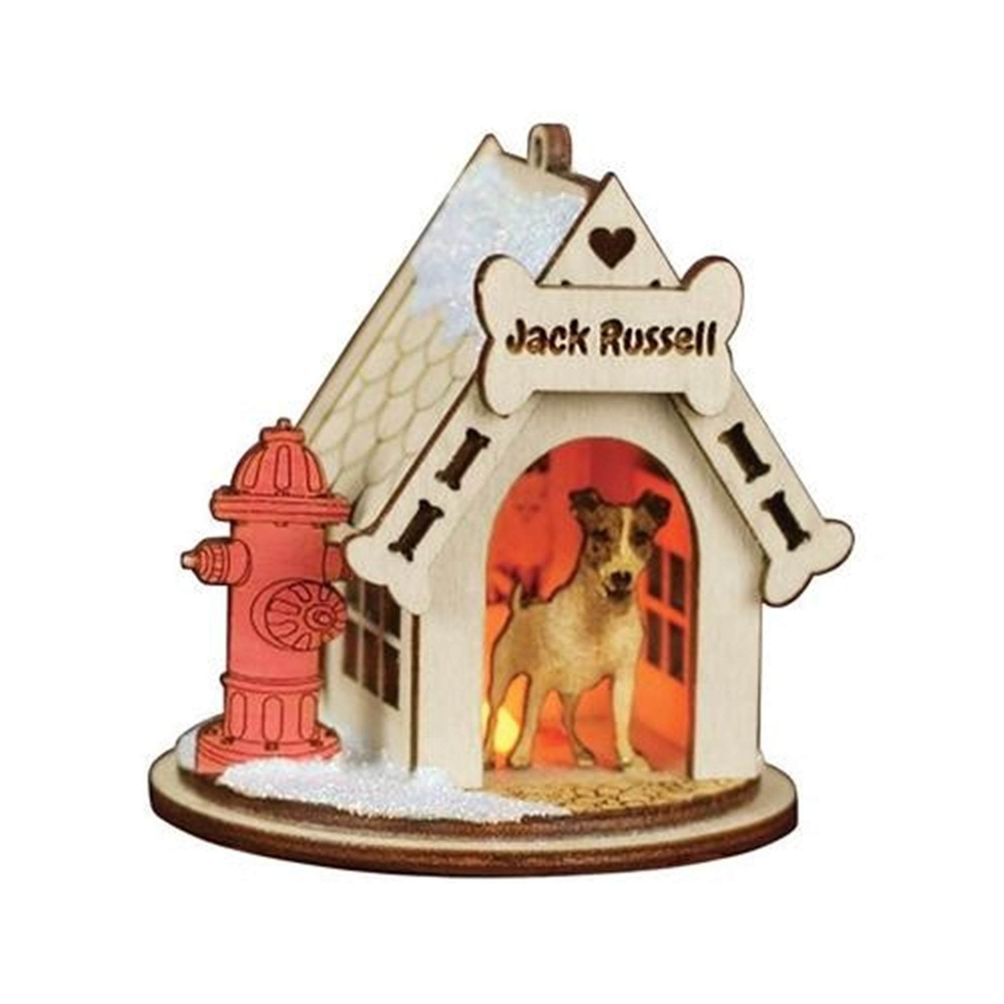 Jack Russell Doghouse Wooden Christmas Ornament with Fire Hydrant