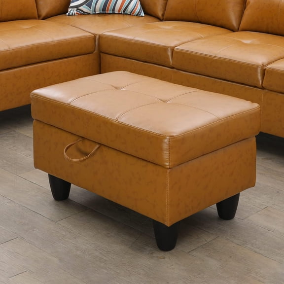 Ginger Faux Leather Ottoman, Modern Tufted Back Armless Rectangular Storage Ottoman, 28.5x19x17.5 inches, 30 lbs, Easy Assembly