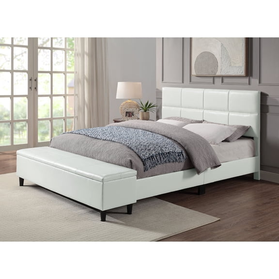 Ginger Faux Leather Platform Bed with Storage Bench, Queen, White