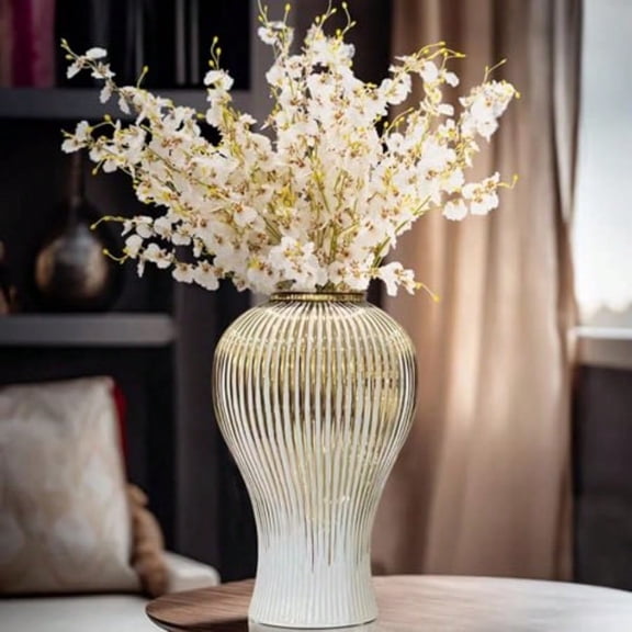 Ginger Jar White Gold Ceramic Vase Large Handmade Porcelain Vases with Lid White Gold Decorative Flower Vase for Home Living Room Weddings Centerpieces B-Large