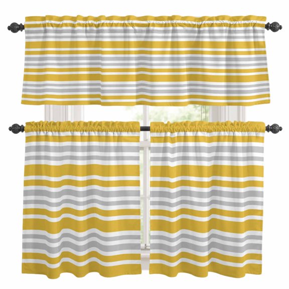 Ginger and Kitchen Curtains Valances and Tiers Set of 3 Gray Stripe Contrast Minimalist Modern Art Tier Curtains and Valance with Rod Pocket for Small Windows, 27.5"x24"