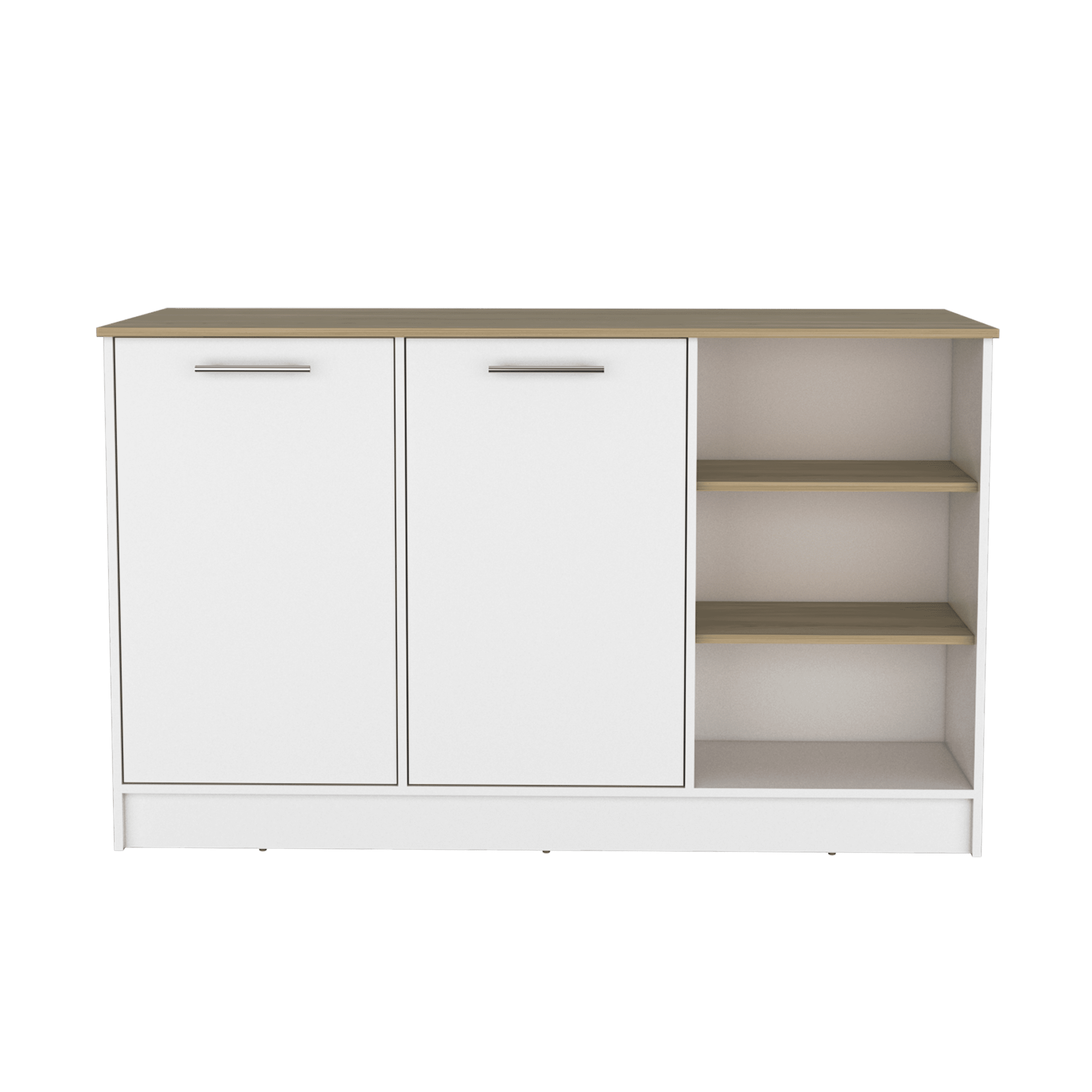 Ginger Kitchen Island, Three Open Shelves, Two Cabinets White - Natural Oak