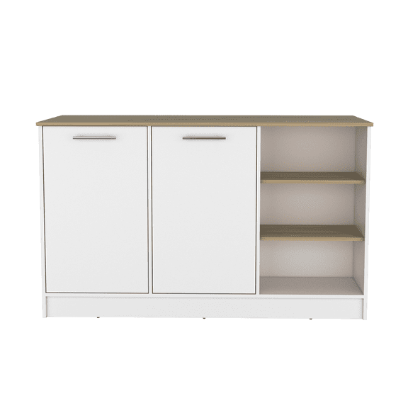 Ginger Kitchen Island, Three Open Shelves, Two Cabinets White - Natural Oak