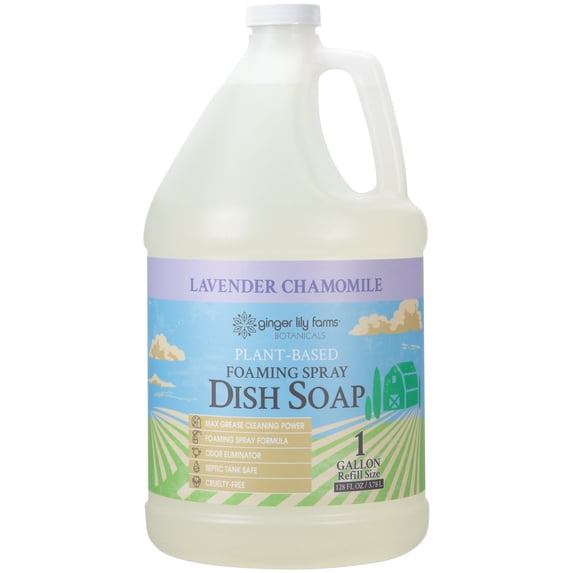 Ginger Lily Farms Botanicals Plant-Based Foaming Spray Dish Soap, Concentrated Formula with Max Grease Cleaning Power, Cruelty-Free, Lavender Chamomile Scent, 1 Gallon Refill (128 Fl Oz)