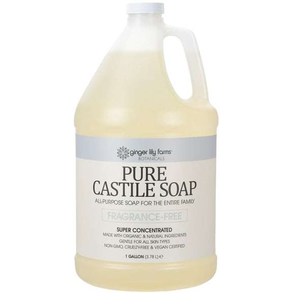 Ginger Lily Farms Botanicals Pure Castile Liquid Soap Refill, Fragrance-Free, 1 Gallon, All-Purpose Cleaner for Body, Face, Hair, Dishes, Laundry & Pets, Non-GMO, 100% Vegan & Cruelty-Free