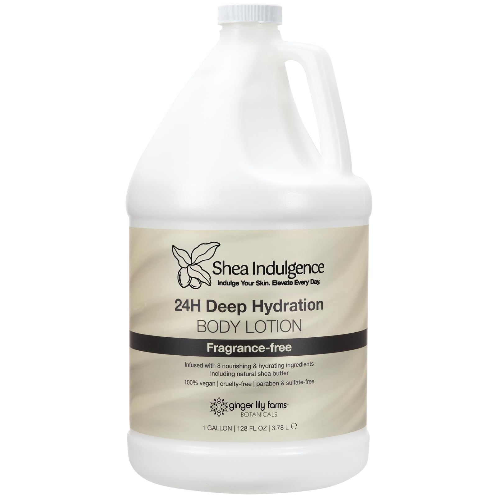 Ginger Lily Farms Botanicals Shea Indulgence 24H Deep Hydration Body Lotion, 100% Vegan & Cruelty-Free, Fragrance-Free, 1 Gallon (128 fl oz) Refill