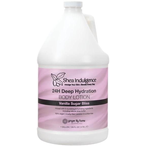 Ginger Lily Farms Botanicals Shea Indulgence 24H Deep Hydration Body Lotion, 100% Vegan & Cruelty-Free, Vanilla Sugar Bliss Scent, 1 Gallon (128 fl oz) Refill