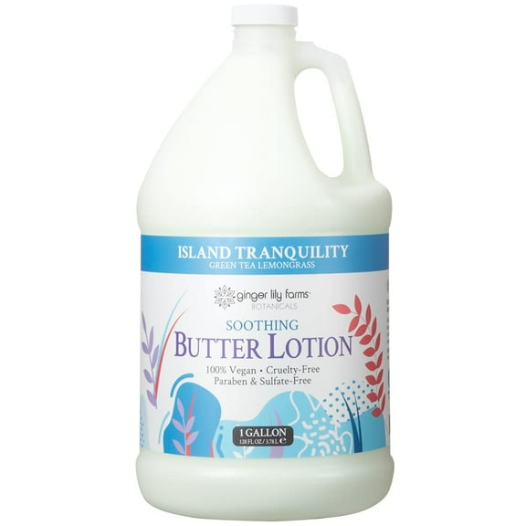 Ginger Lily Farms Botanicals Soothing Butter Lotion for Dry Skin, Island Tranquility, 100% Vegan & Cruelty-Free, Green Tea Lemongrass Scent, 1 Gallon (128 fl oz) Refill