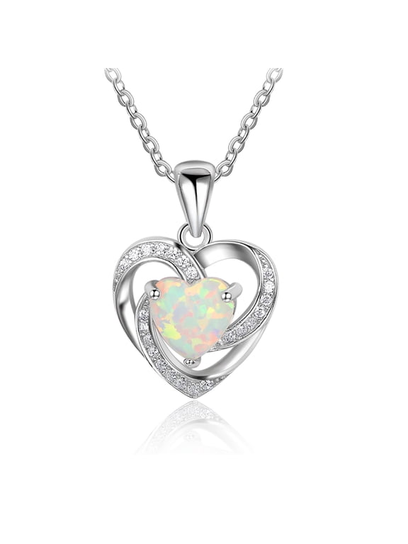 Sterling Silver Cz Heart Fire Opal Pendant Necklace for Women