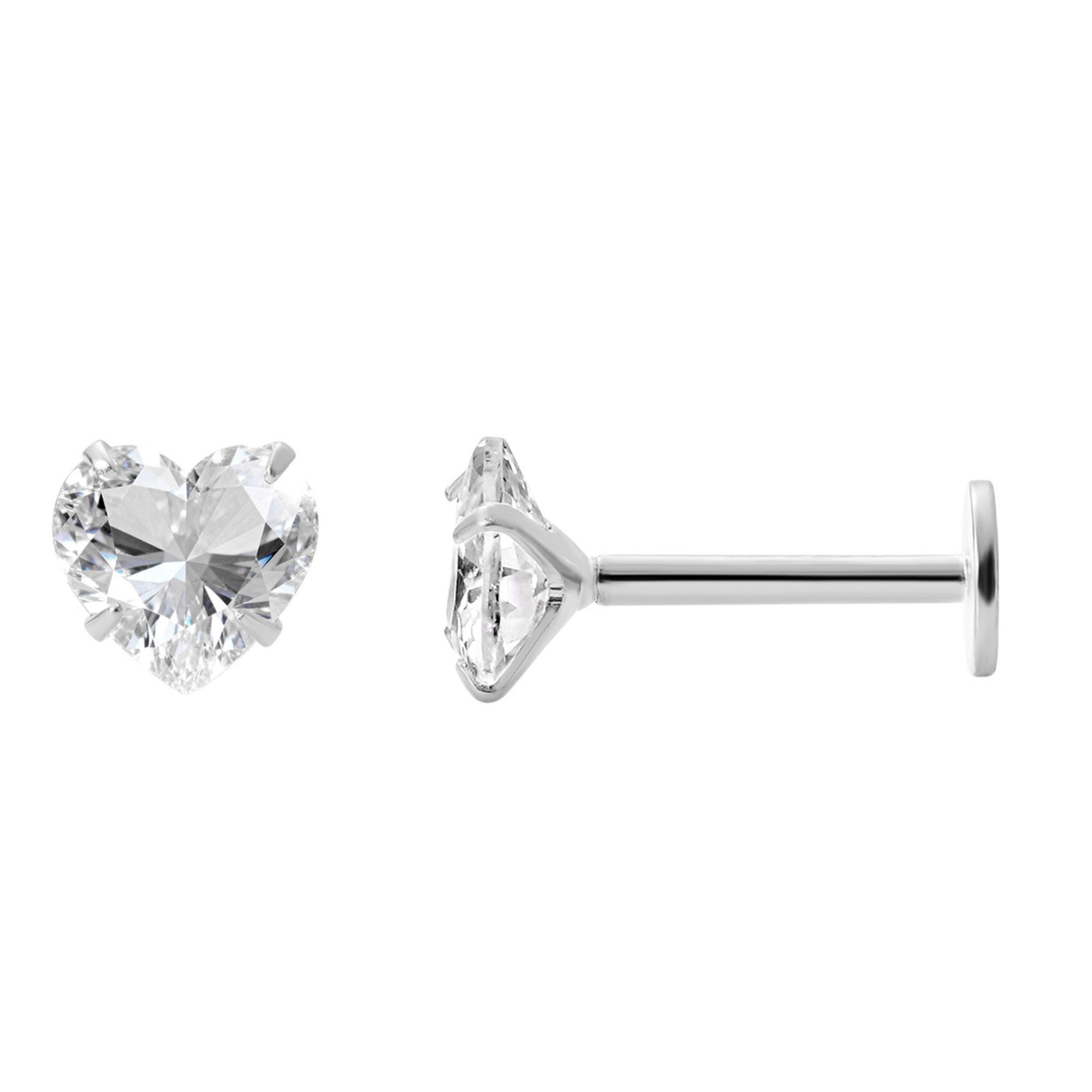 Ginger Lyne Solitaire Heart Flat Back Stud Earrings Sterling Silver Cubic Zirconia Body Jewelry