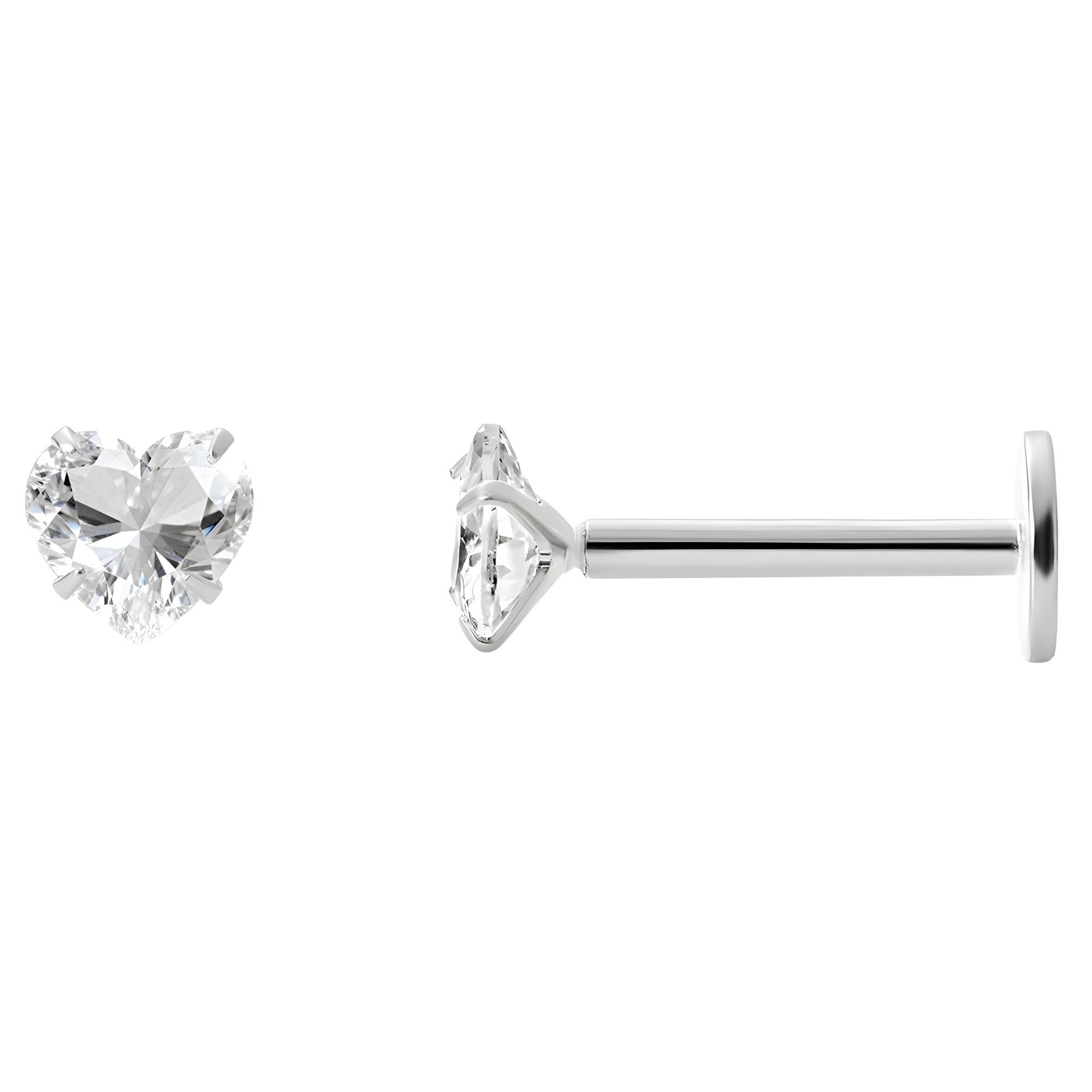 Ginger Lyne Solitaire Heart Flat Back Stud Earrings Sterling Silver Cubic Zirconia Body Jewelry