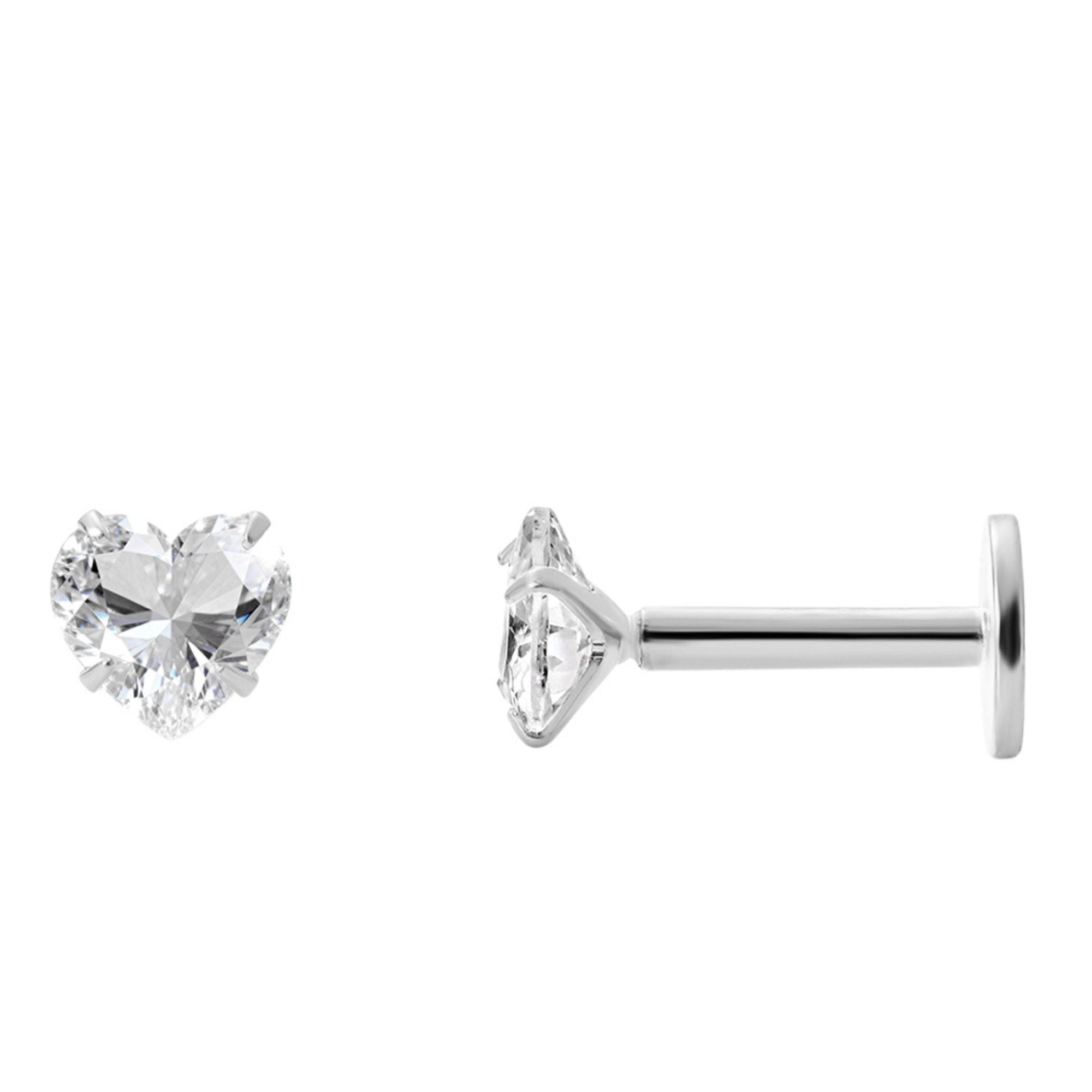 Ginger Lyne Solitaire Heart Flat Back Stud Earrings Sterling Silver Cubic Zirconia Body Jewelry