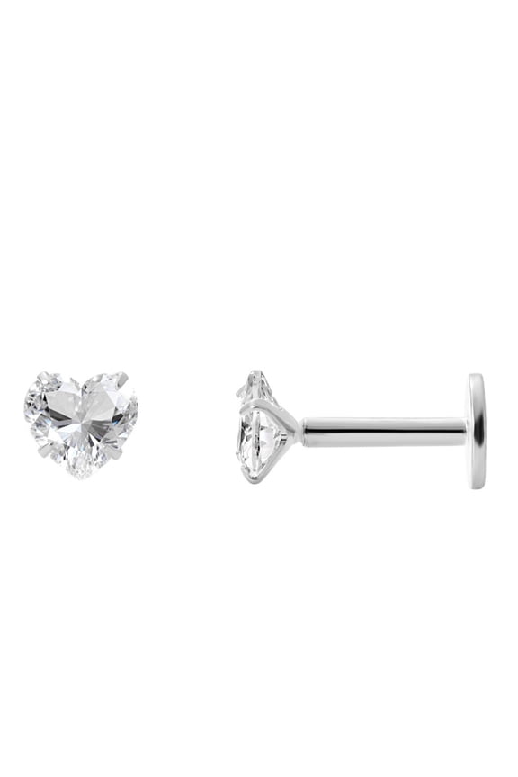 Ginger Lyne Solitaire Heart Flat Back Stud Earrings Sterling Silver Cubic Zirconia Body Jewelry
