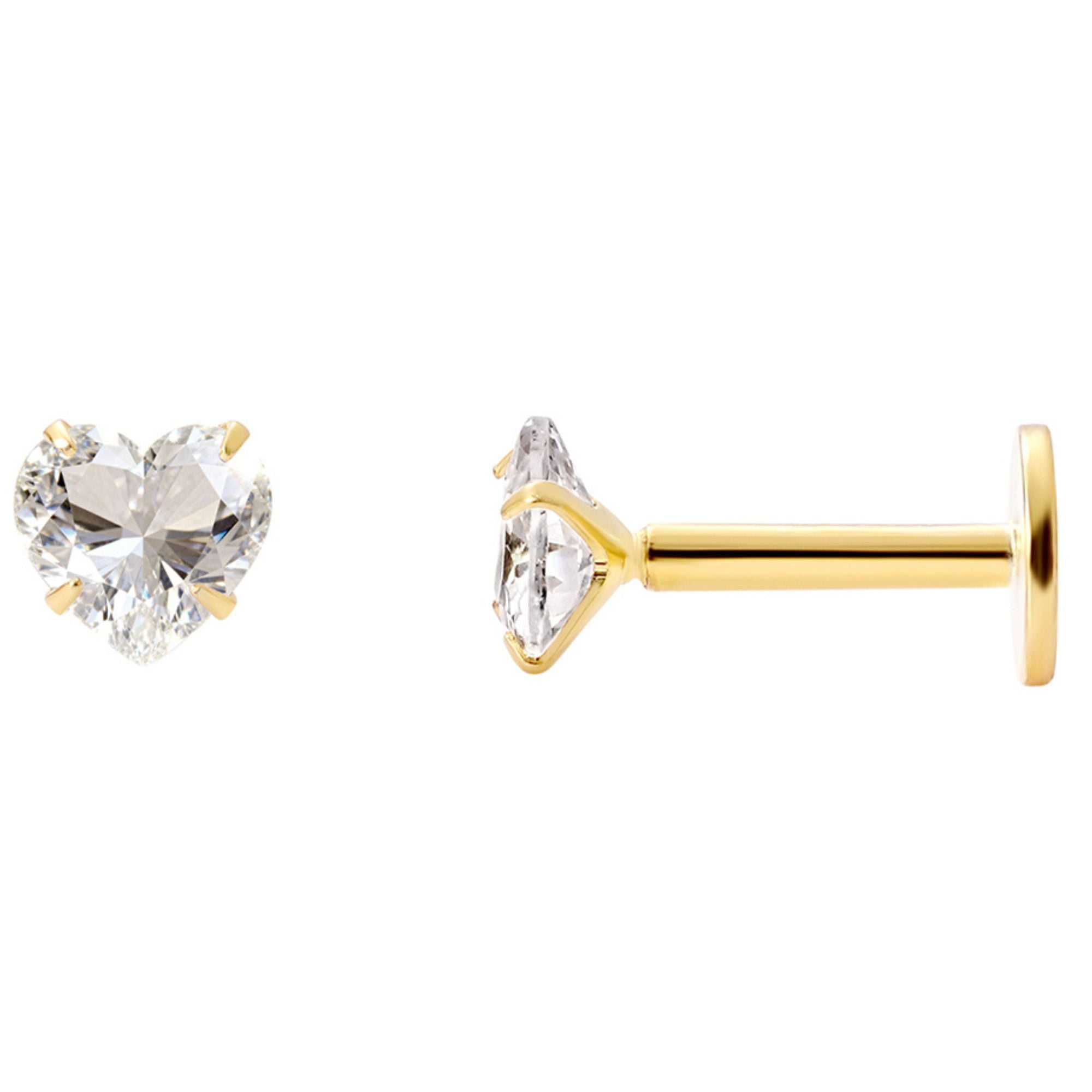 Ginger Lyne Solitaire Heart Flat Back Stud Earrings Sterling Silver Cubic Zirconia Body Jewelry