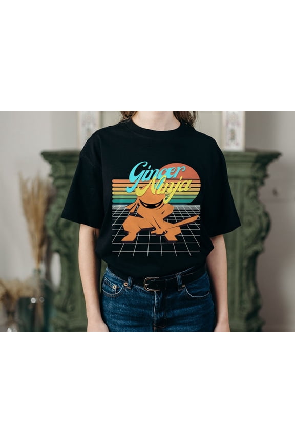 Ginger Ninja Retro Sunset Graphic Shirt, 80s Synthwave Warrior Design, Unisex Cotton T-Shirt, Sizes S-5XL