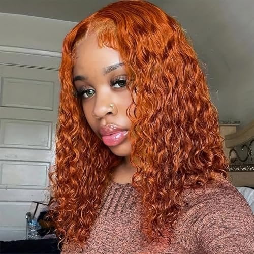 Ginger Orange Glueless Wigs Human Hair Pre Plucked Pre Cut 350# Curly Wigs Human Hair for Beginners 4x4 Deep Wave Lace Closure Glueless Wigs for Black Women 16 Inch