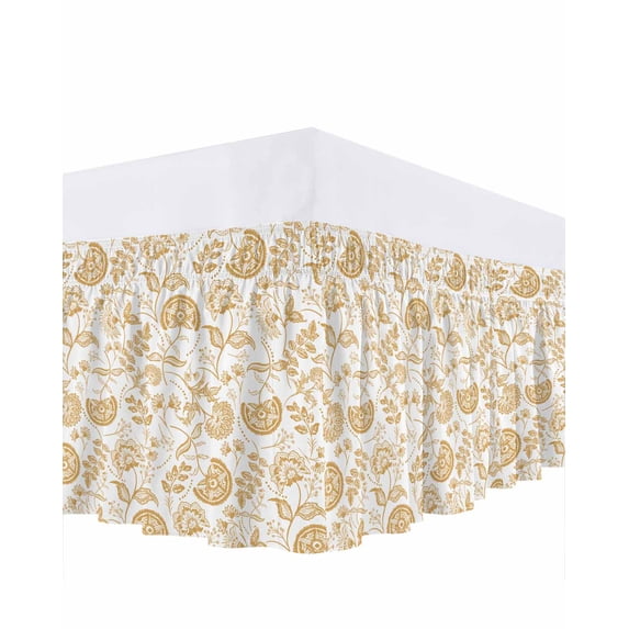 Ginger Pastoral Flowers Bed Skirt Queen Size 16" Drop Farmhouse Pattern Ruffled Wrap Around Bed Skirts Adjustable Elastic Bedskirt Dust Ruffle for Queen Size Bed
