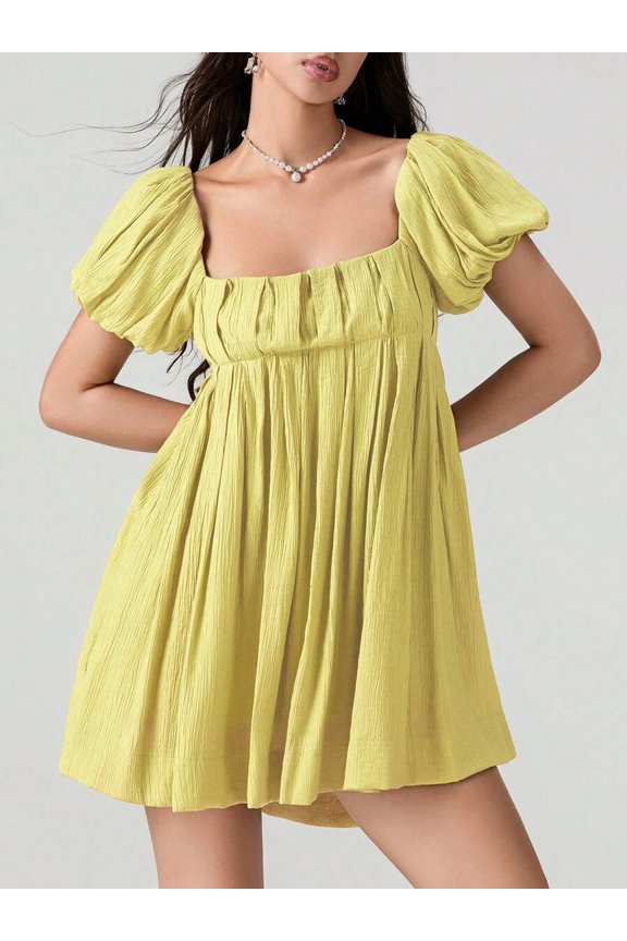 Ginger Puff Sleeve Square Neck Ruched Bodice Flowy A-Line Mini Sundress