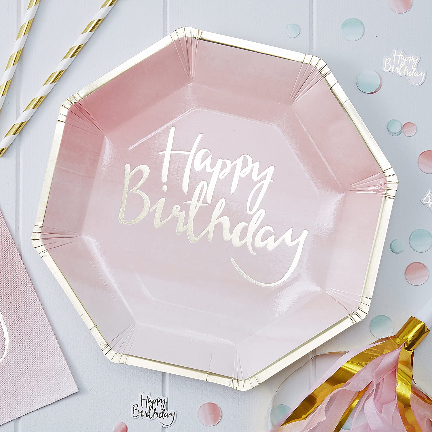 Ginger Ray Pick And Mix Foiled Pink Ombre Happy Birthday Party Paper Plates (8 Pack), Gold, 25Cm, Model Number: