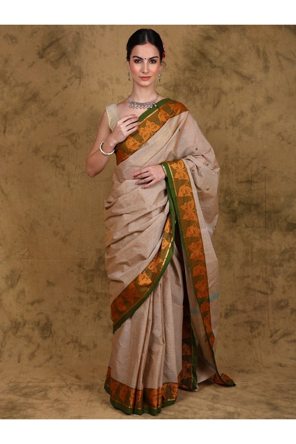 Ginger-Root Chettinad Cotton Saree with Woven Butterflies Contrast Border