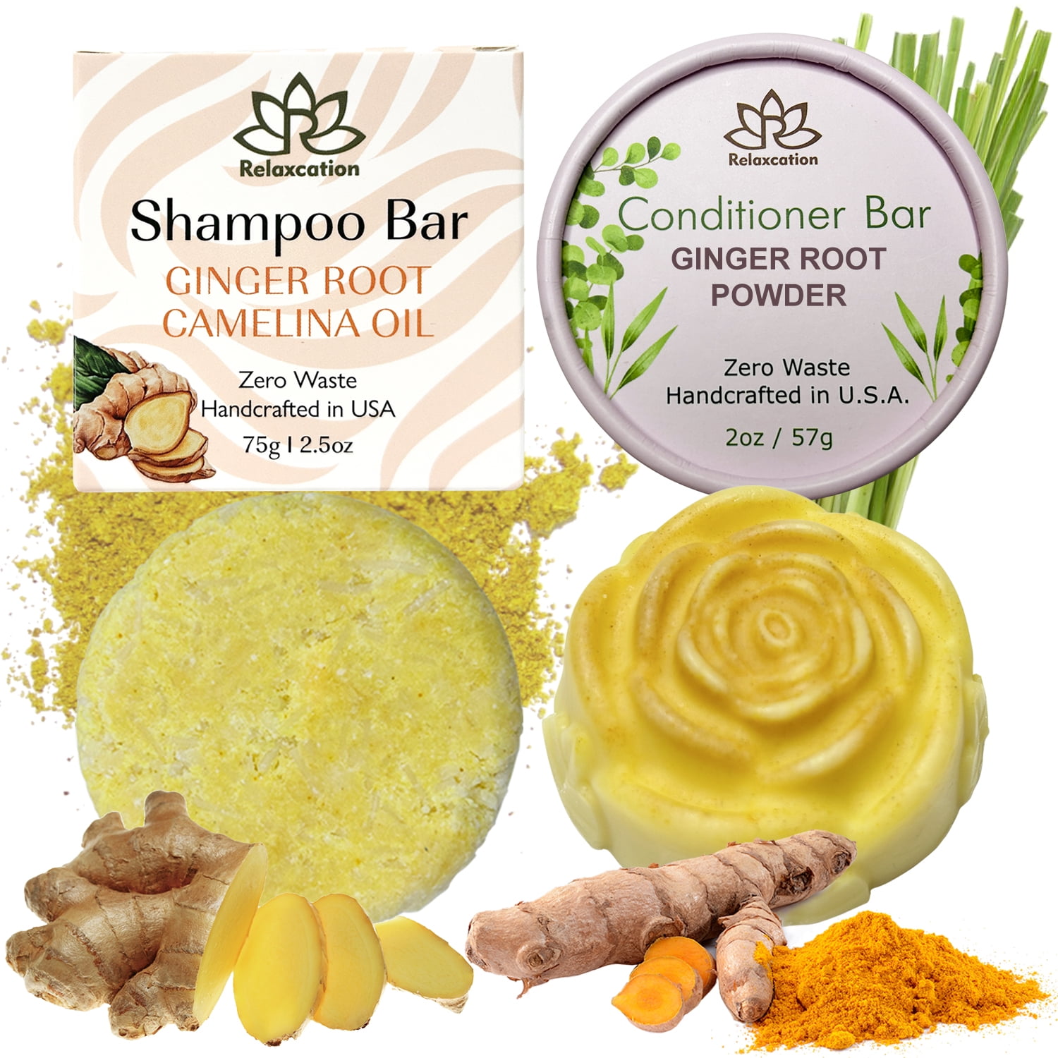 Ginger Root Shampoo Bar and Conditioner Bar for Hair Growth Handmade in USA Natural and Safe by Relaxcation