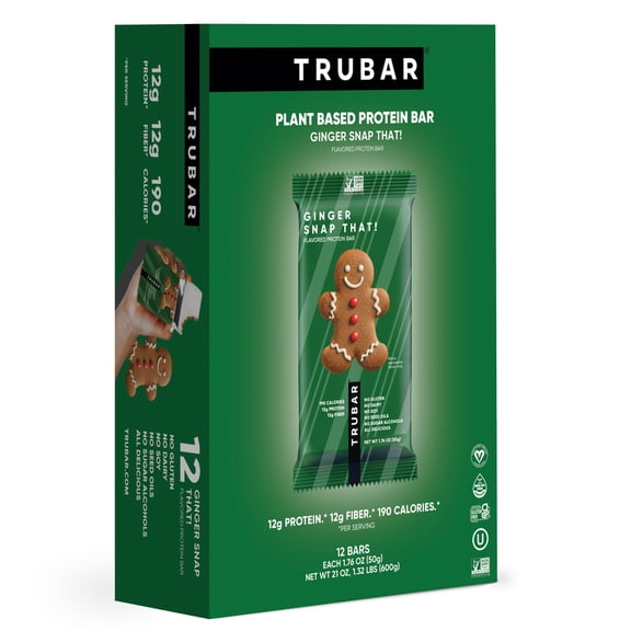 TRUBAR Vegan Protein Bars, Ginger Snap That, 12g Protein, Plant Based, 1.76 oz, 12 Count